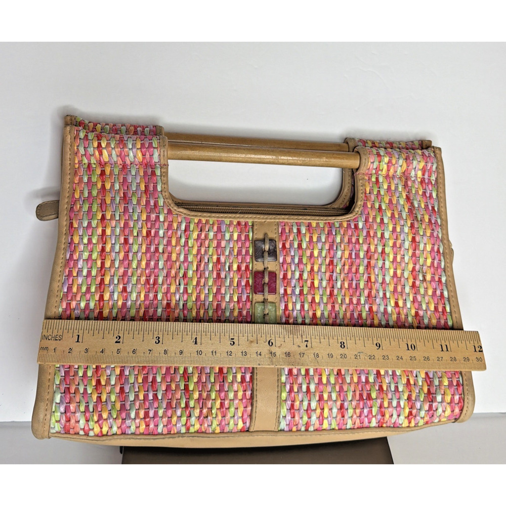 Vintage EGO Woven Straw Handbag Wood Handle Multicolor Resort Summer Chic Y2K - Picture 11 of 13